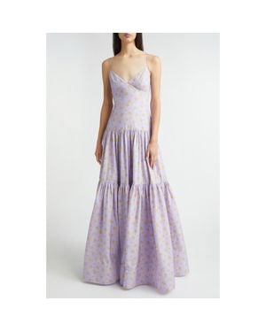 Lela Rose Floral Print Cotton Tiered Gown - Purple