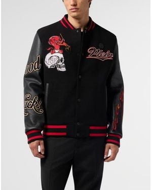 Philipp Plein Varsity Bomber With Leather Sleeves Devil Skull - Black