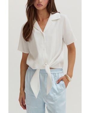 Crescent Front Tie Short Sleeve Blouse - White