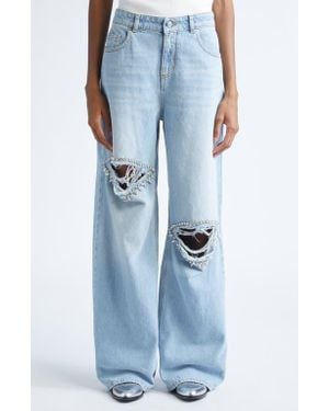Area Distressed Crystal Trim Relaxed Slit Jeans - Blue