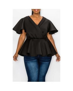 L I V D Siobhan Flutter Sleeve Scuba Knit Peplum Top - Black