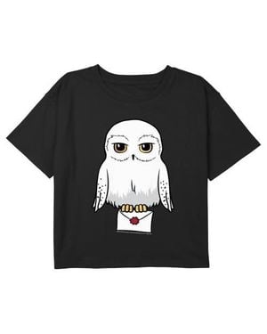 Harry Potter Girl's Cute Cartoon Hedwig Letter Graphic T-Shirt - Black