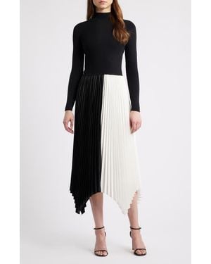 Tahari The Elsa Long Sleeve Mixed Media Midi Dress - Black