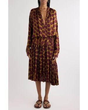 Dries Van Noten Denvo Fountain Of Eggs Print Long Sleeve Twill Midi Dress - Brown