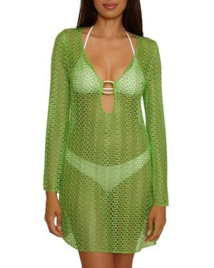 Becca Metallic Long Sleeve Sheer Cover-Up Dress - Green