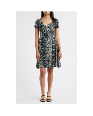 Loveappella Leopard Print Surplice Neck Dress - Blue