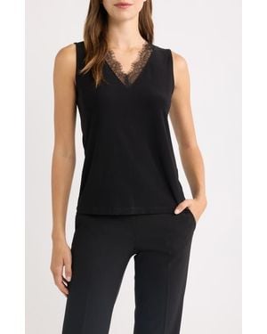 Anne Klein Lace Trim V-Neck Tank - Black