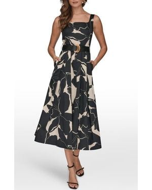 Donna Karan Belted Fit & Flare Midi Dress - Black