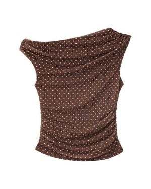 Mango Asymmetrical Polka Dot Off The Shoulder Mesh Top - Brown