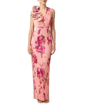 Aidan Mattox Print Plissé Sleeveless Gown - Red