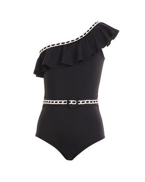 NESSI BYRD One Shoulder Ruffle Decorative Embroidery Accents One-Piece Swimsuit - Black