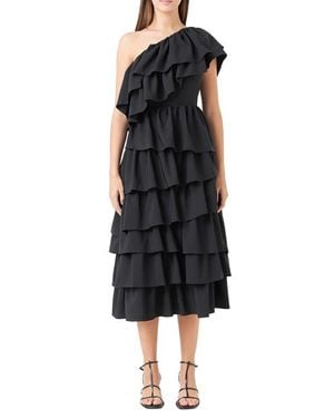 Endless Rose Ruffle One-Shoulder Tiered Ruffle Midi Dress - Black
