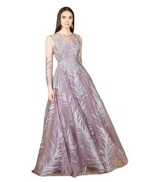 LARA New York High Neck Sheer Long Sleeve Embellished Gown - Purple