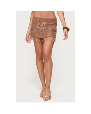 Edikted Embellished Beaded Sequin Fringe Miniskirt - Brown