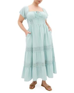 City Chic Haven Lace Trim Puff Sleeve Midi Dress - Blue
