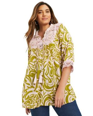 June + Vie Lace-Trim Crinkle Blouse - Yellow