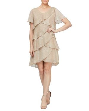 Sl Fashions Embellished V-Neck Short Sleeve Shimmer Bodre Tier Cocktail Dress - Natural