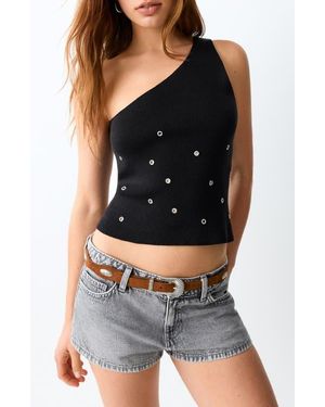 MANGO TEEN Grommet One-Shoulder Rib Tank - Black