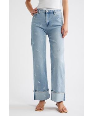 Tractr Flower Embroidered Cuffed Straight Leg Jeans - Blue