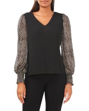 Chaus V-Neck Smocked Cuff Blouse - Black