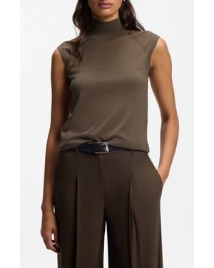 BOSS Fipini Virgin Wool Mock Neck Top - Brown