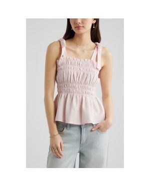 BP. Gingham Shirred Linen Blend Top - Multicolor