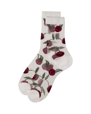Memoi Cherry Sheer Crew Socks - White