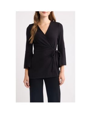 Anne Klein Ruffle Sleeve Ribbed Wrap Top - Black