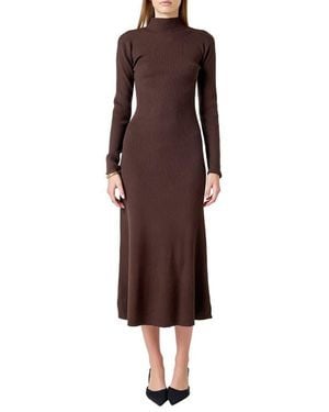 Endless Rose Mock Neck Long Sleeve Rib Sweater Midi Dress - Brown