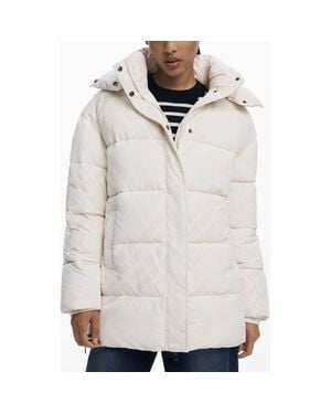 Desigual Flocked Print Quilted Puffer Jacket With Removable Hood - White