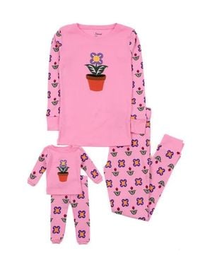 Leveret Girls Cotton Print Pajamas With Matching Doll Pair - Pink