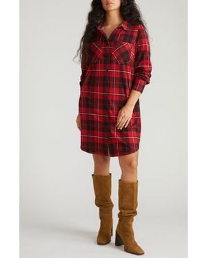 UNIVERSAL STANDARD Long Sleeve Check Flannel Shirtdress - Red