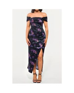 Popilush Liquid Metallic Fabric Off Shoulder Shine Ruched Sculpting Maxi Shapewear Dress - Blue