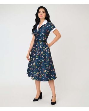 Unique Vintage Collared Short Sleeved Belted Alexis Swing Dress - Blue