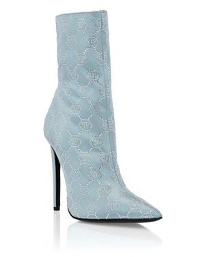 Philipp Plein Satin Boots High Heels Mid Monogram Strass - Blue