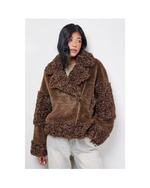 Warehouse Faux Fur Mix Zip Through Jacket - Brown