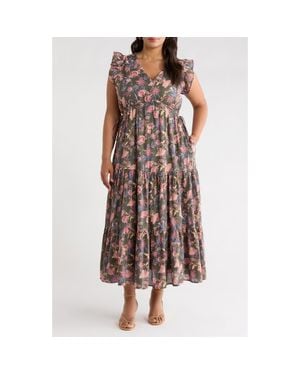Treasure & Bond Floral Print Flutter Sleeve Maxi Dress - Brown