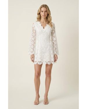 Modenaire Floral Applique Long Sheer Sleeve Lace-Up Mini Dress - Natural
