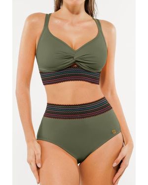 Popilush Boho Trim High Waist Tummy Control Bikini Set - Green