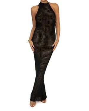 JLUXLABEL Paradise Open Stitch Crochet Halter Dress - Black