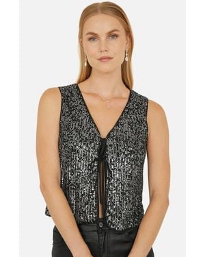 Yumi' Sequin Tie Front Waistcoat Top - Black