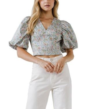 Endless Rose Floral Print Puff Sleeve Crop Top - Gray