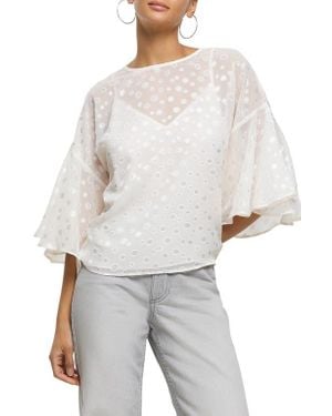 River Island Metallic Flutter Sleeve Top - White