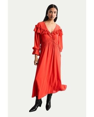 Warehouse Ruffle Shoulder Detail Boho Maxi Dress - Red