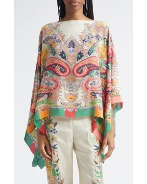 Etro Print Silk Chiffon Poncho - Red