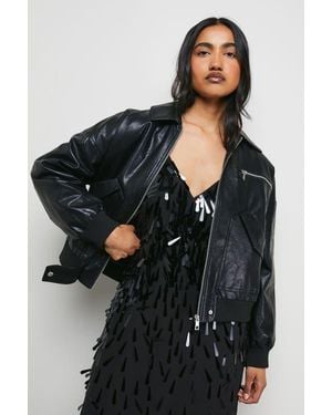 Warehouse Faux Leather Distressed Bomber Jacket - Black
