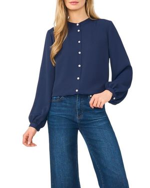 Halogen® Shirred Mock Neck Button-Up Shirt - Blue