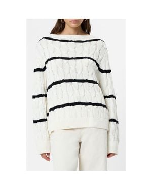 French Connection Mozart Stripe Cable Stitch Cotton Boat Neck Sweater - Natural