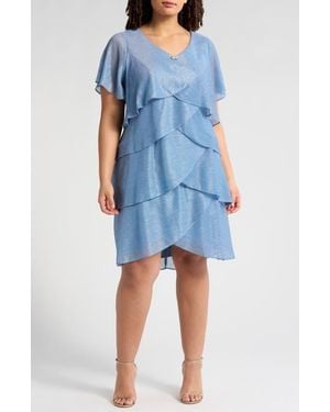 Sl Fashions Shimmer Bodre Tiered Ruffle Dress - Blue