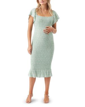 Ripe Maternity Selma Shirred Fitted Midi Dress - Green